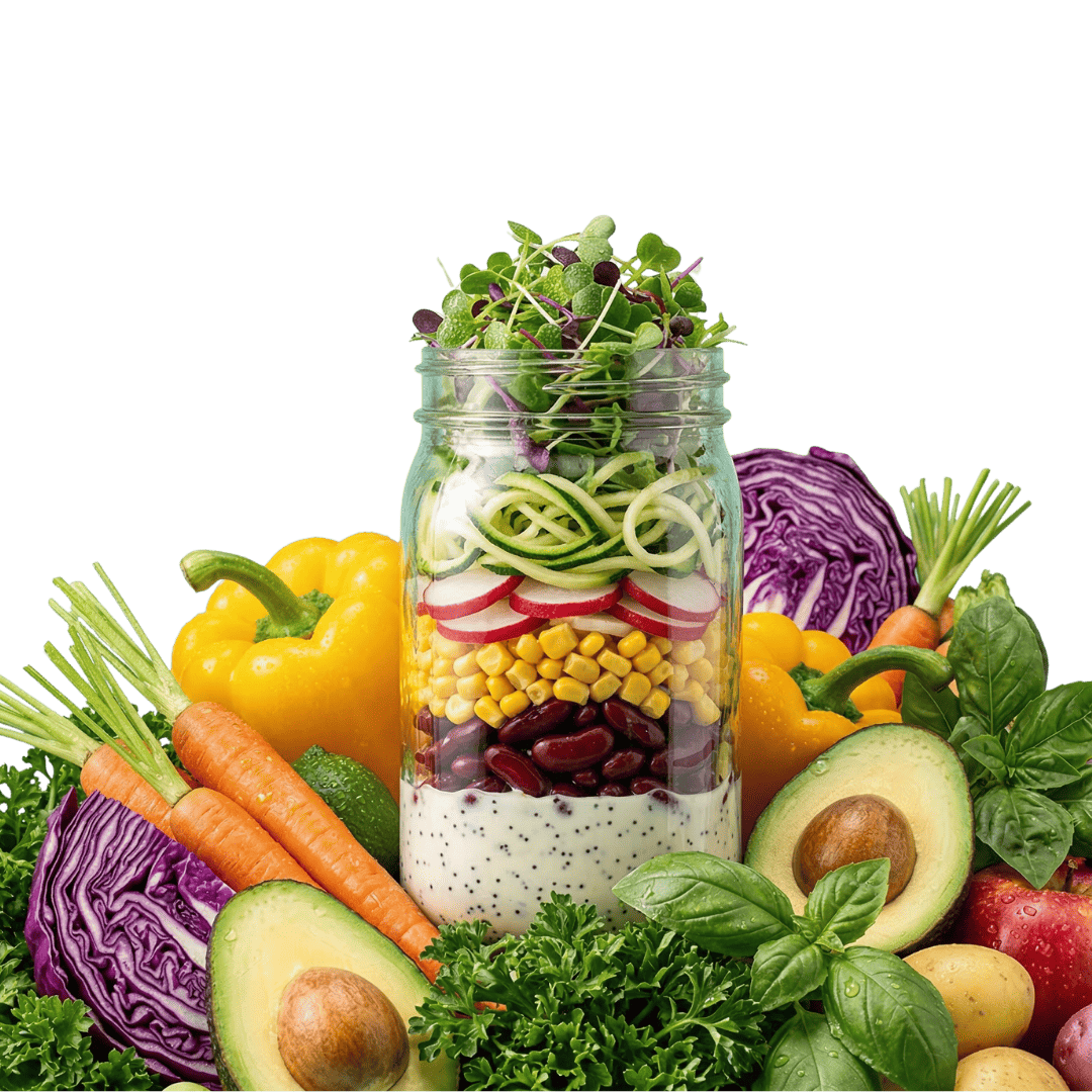 Frasco de ensalada rodeado de vegetales frescos